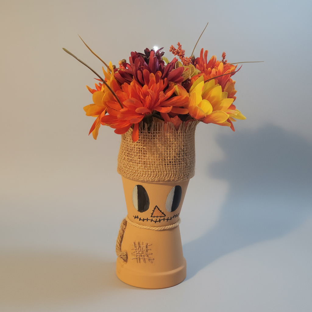 Decorative vase shaped like a scarecrow with autumn flowers against a cornfield background