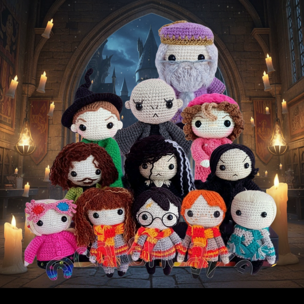 Collection of crochet dolls with various outfits on a textured white background