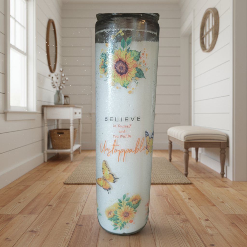 Decorative candle with floral design and motivational text against a brick wall