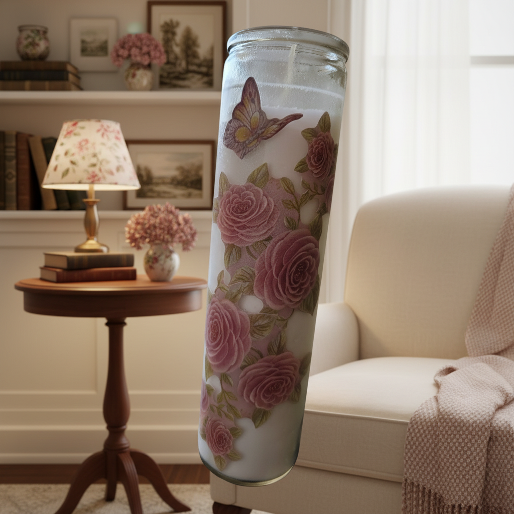 Decorative candle with floral design against a black brick wall