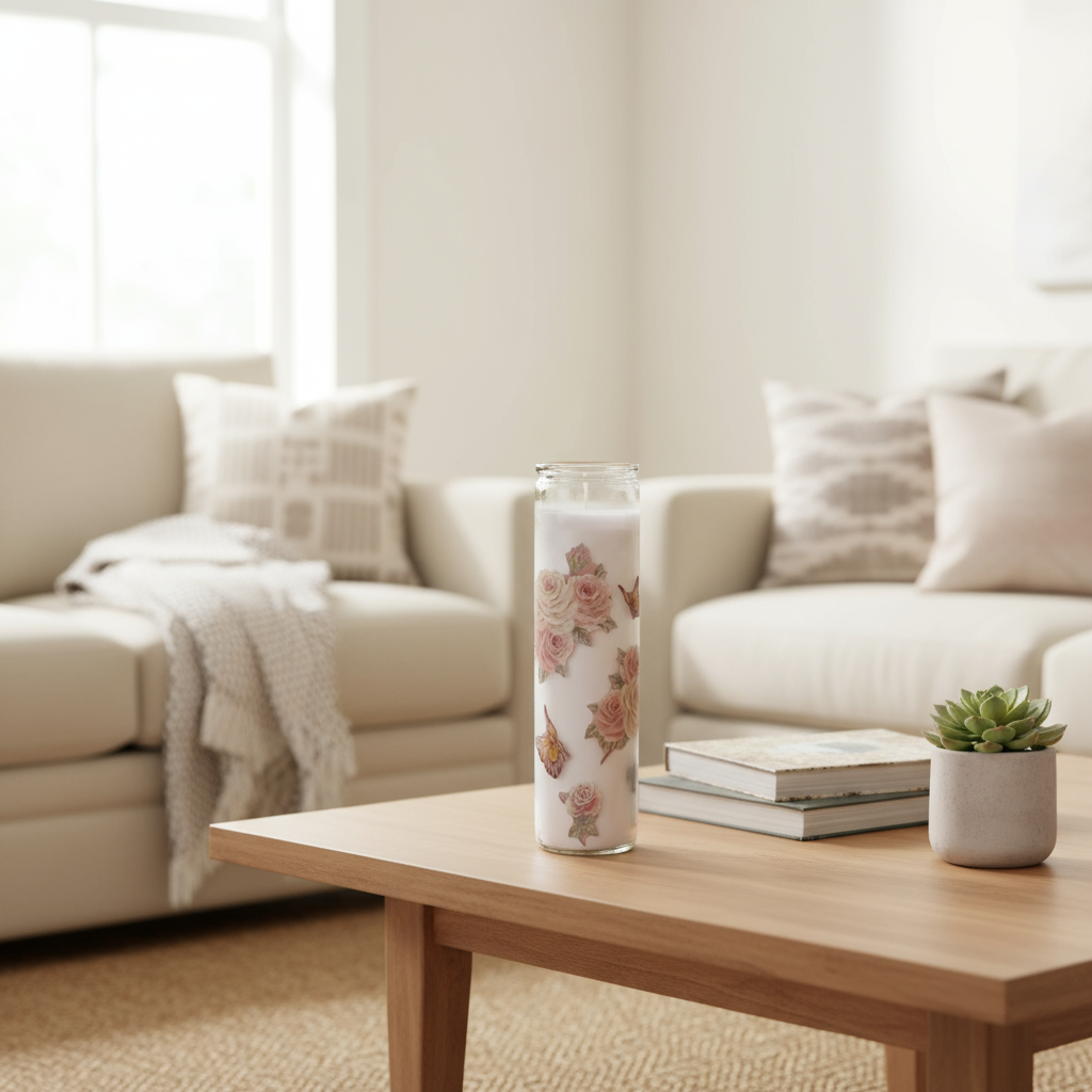 Decorative candle with floral design on a black brick wall background