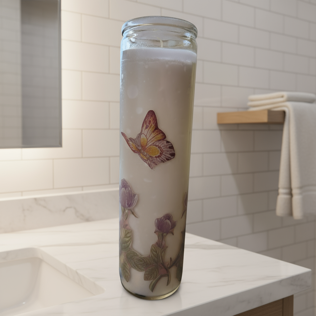 Decorative candle with butterfly and floral design against a black brick wall.