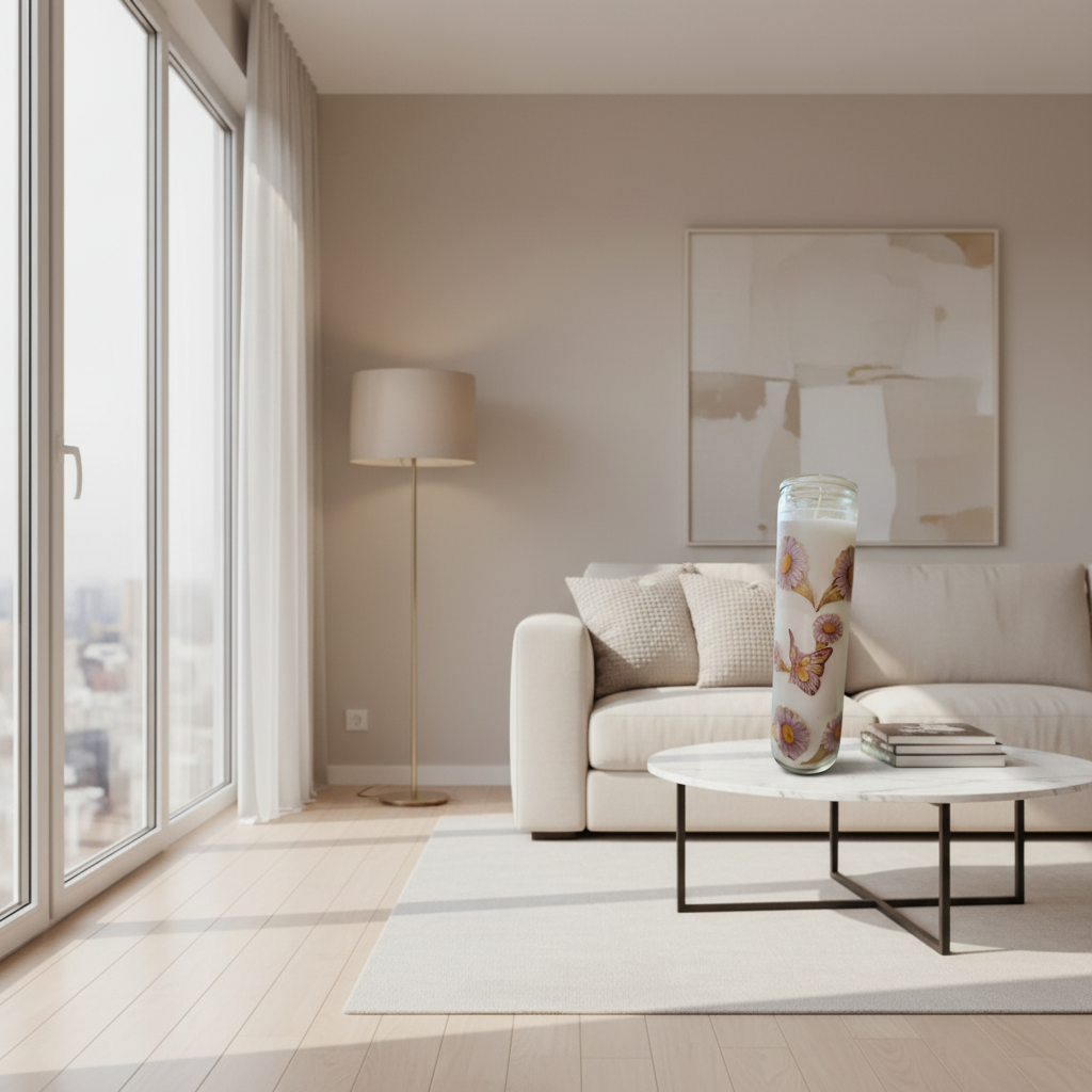 Candle in a glass jar with floral design against a black brick wall