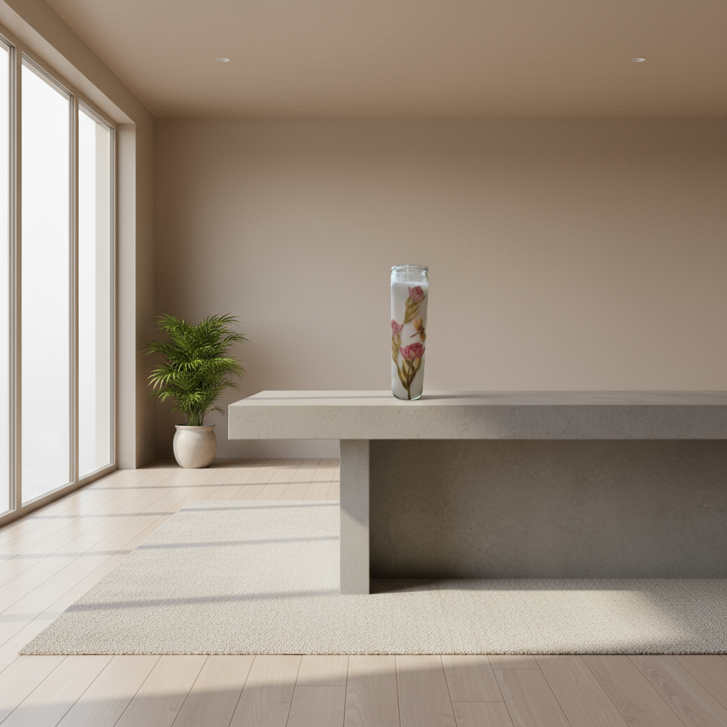 Candle with floral design against a black brick wall