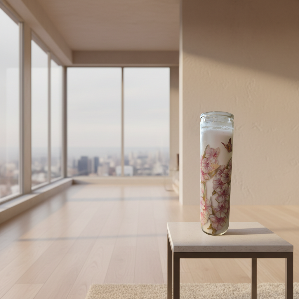 Decorative candle with floral design against a black brick wall