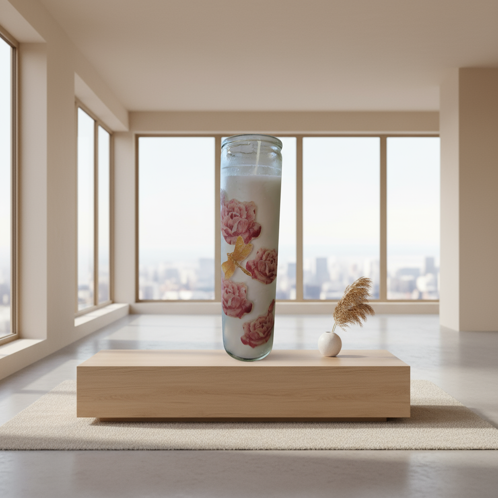 Candle with floral design on a black brick wall