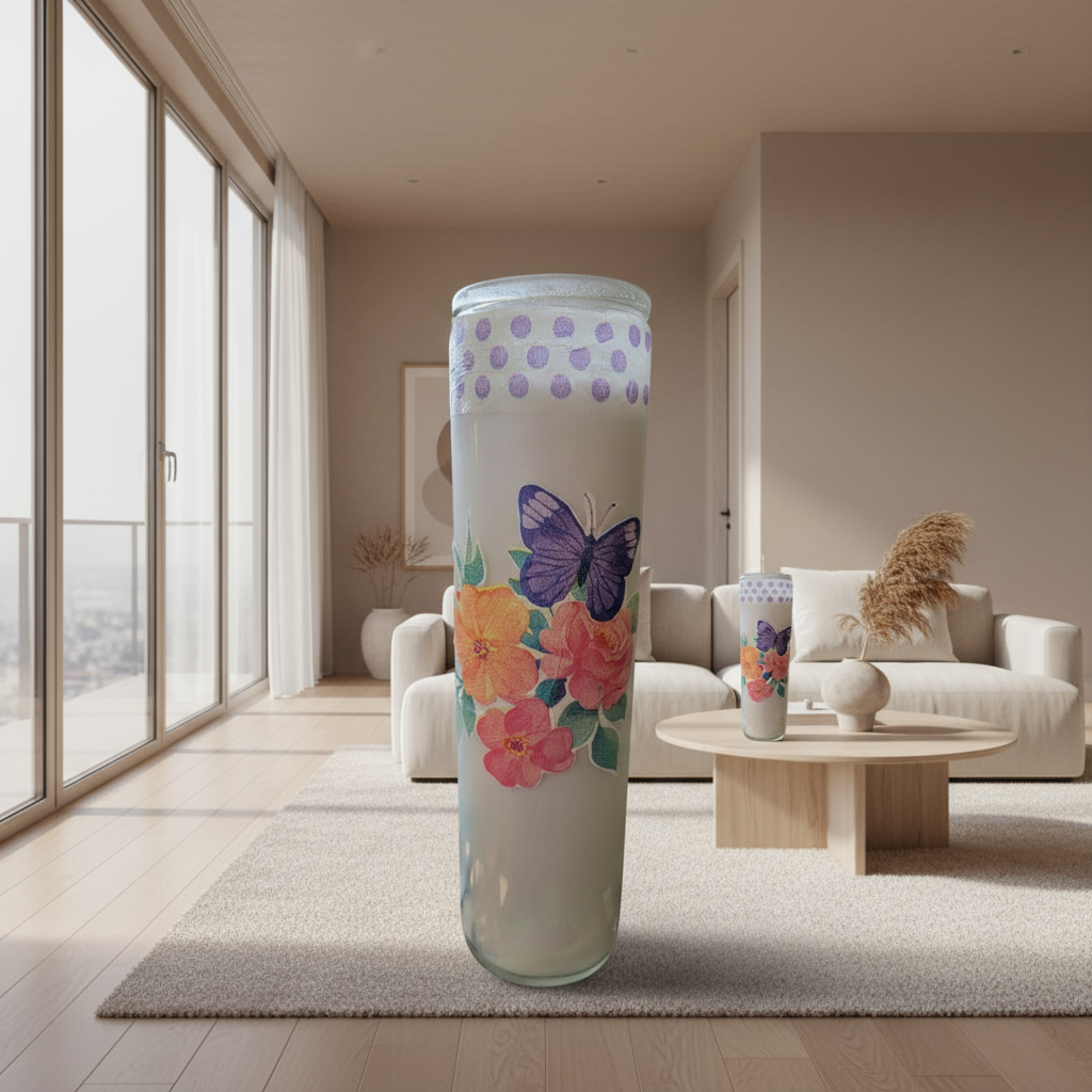 Decorative candle with a butterfly and flowers design on a black brick wall background