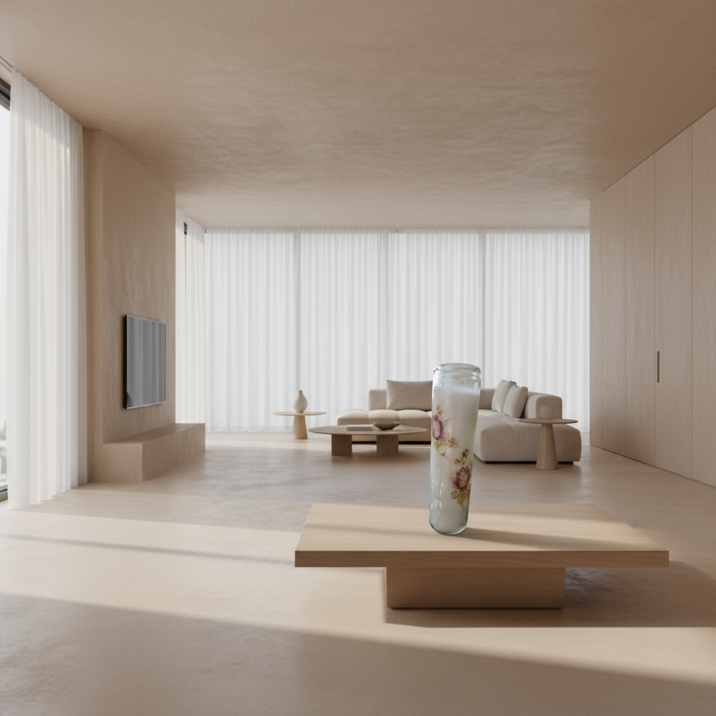 Candle with floral design against a black brick wall