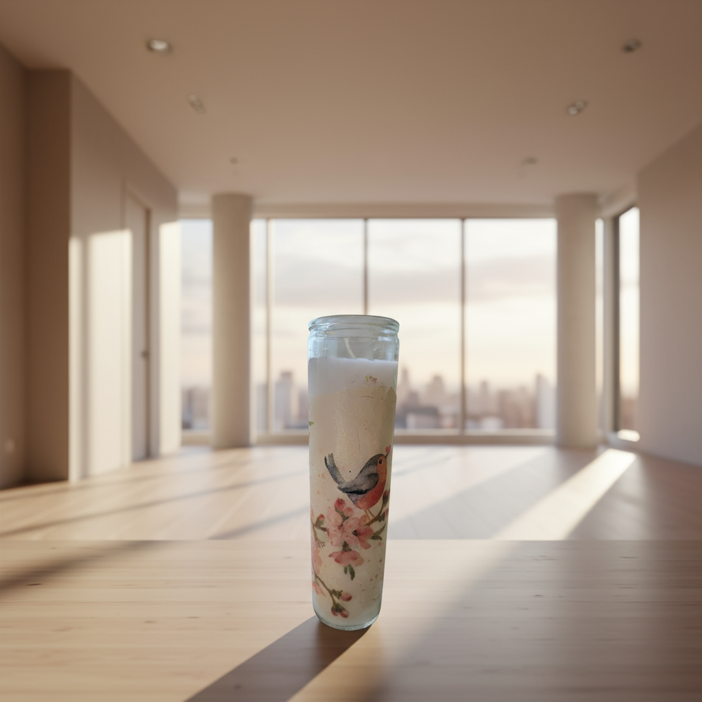 Tall glass candle with a bird and floral design against a black brick wall.