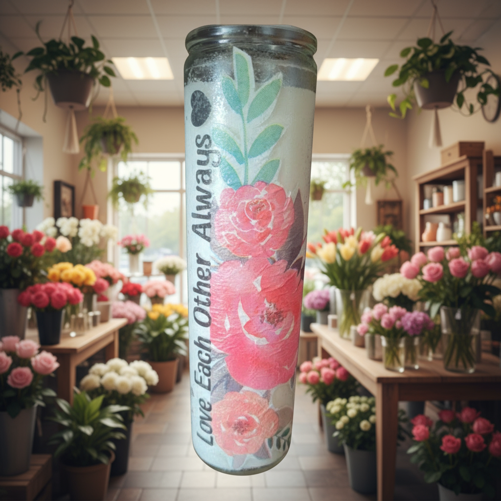 Tall cylindrical container with floral design and text against a brick wall