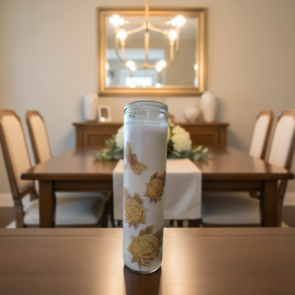 Candle with floral design on a black brick background