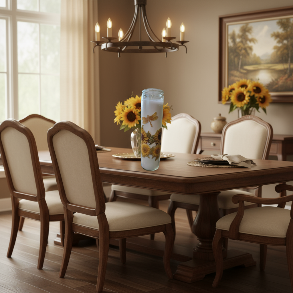 Candle with sunflower and dragonfly design against a black brick wall