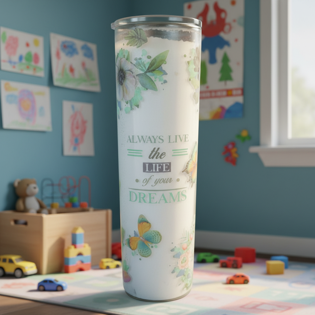 Tumbler with motivational quote against a brick wall