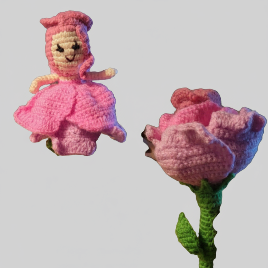Crocheted pink fairy and flower with butterflies on a light blue background