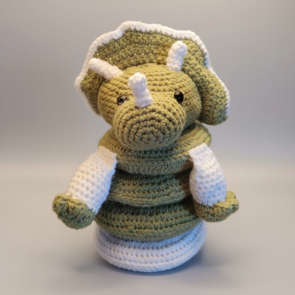 Crocheted dragon toy with green body and white accents on a textured surface