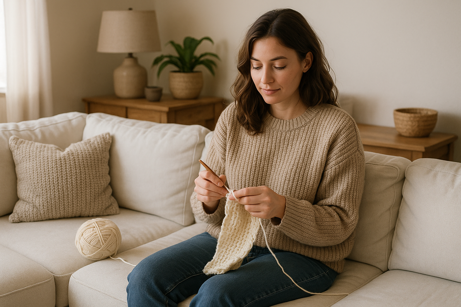 woman crocheting white sectional couch